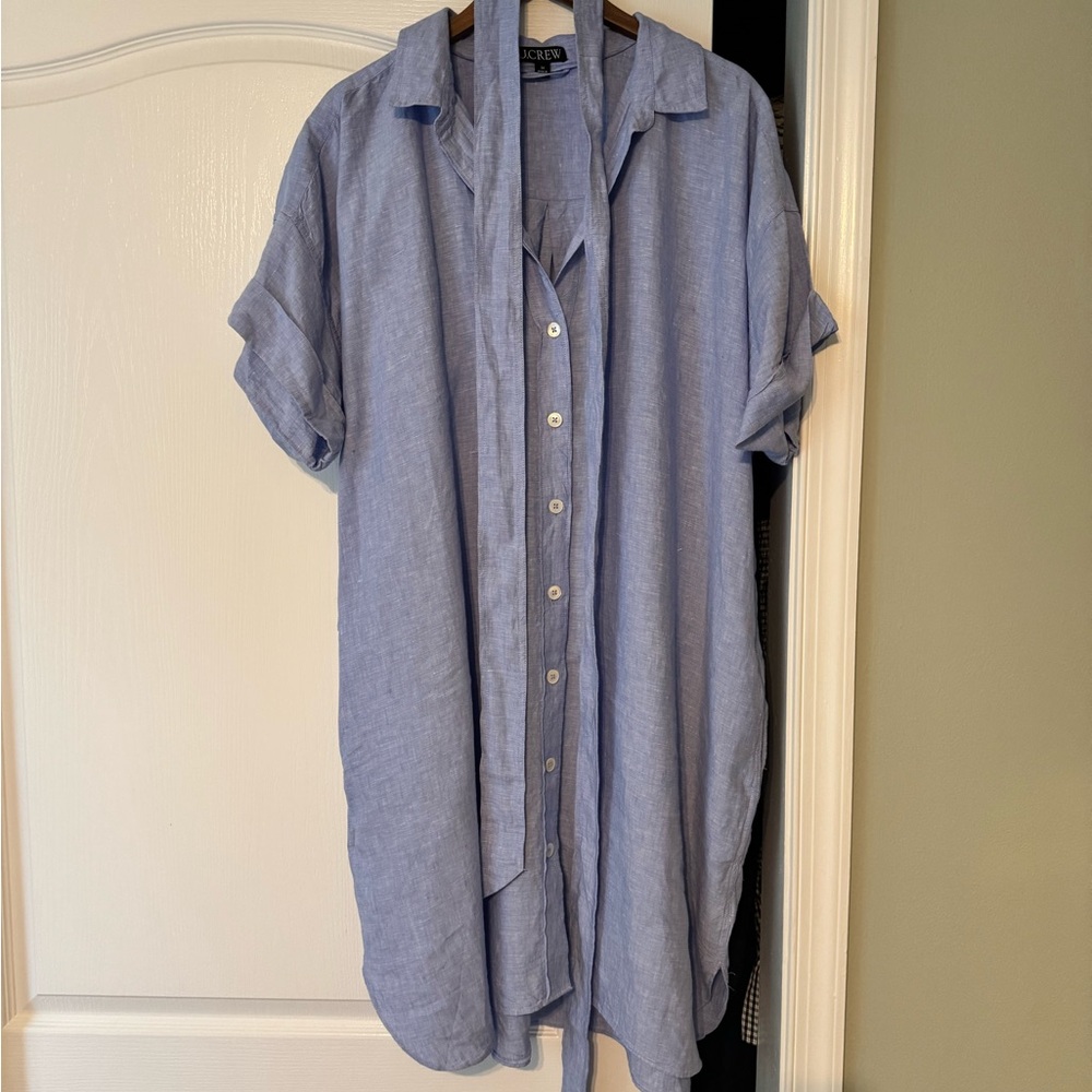 J. Crew Blue Linen Midi Dress with Relaxed Fit with removable tie waist
